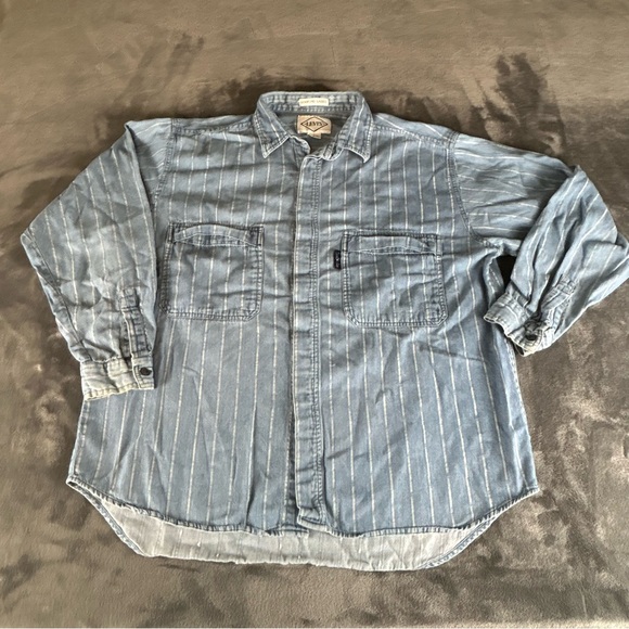 Vintage Levi’s Diamond Label Denim Shirt Mens Large Blue Striped Cotton Pockets - Picture 7 of 13